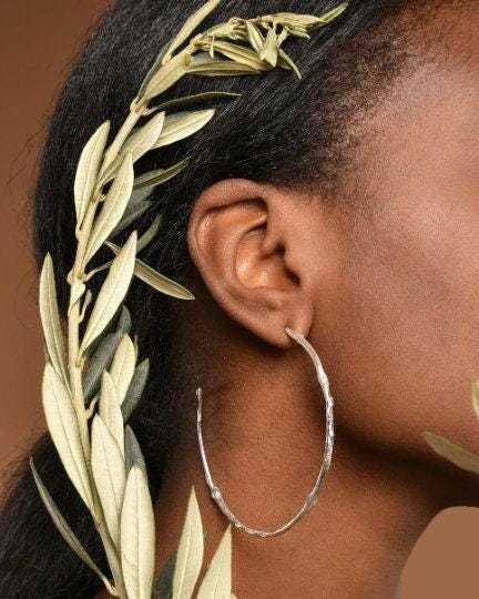 Gold Olive Branch Hoops, Handmade Nature Jewelry, Botanical Tree Earrings, Gift for Luck & Success, Eco Sustainable Sterling Silver 925
