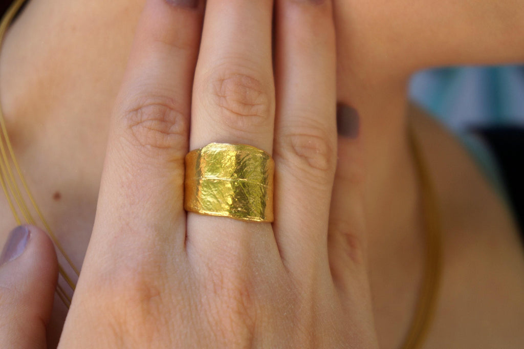 Real Olive Leaf Gold Ring, Handmade Nature Jewelry, Organic Tree Band, Boho Gift for Health & Success, Eco Sustainbale Sterling Silver 925