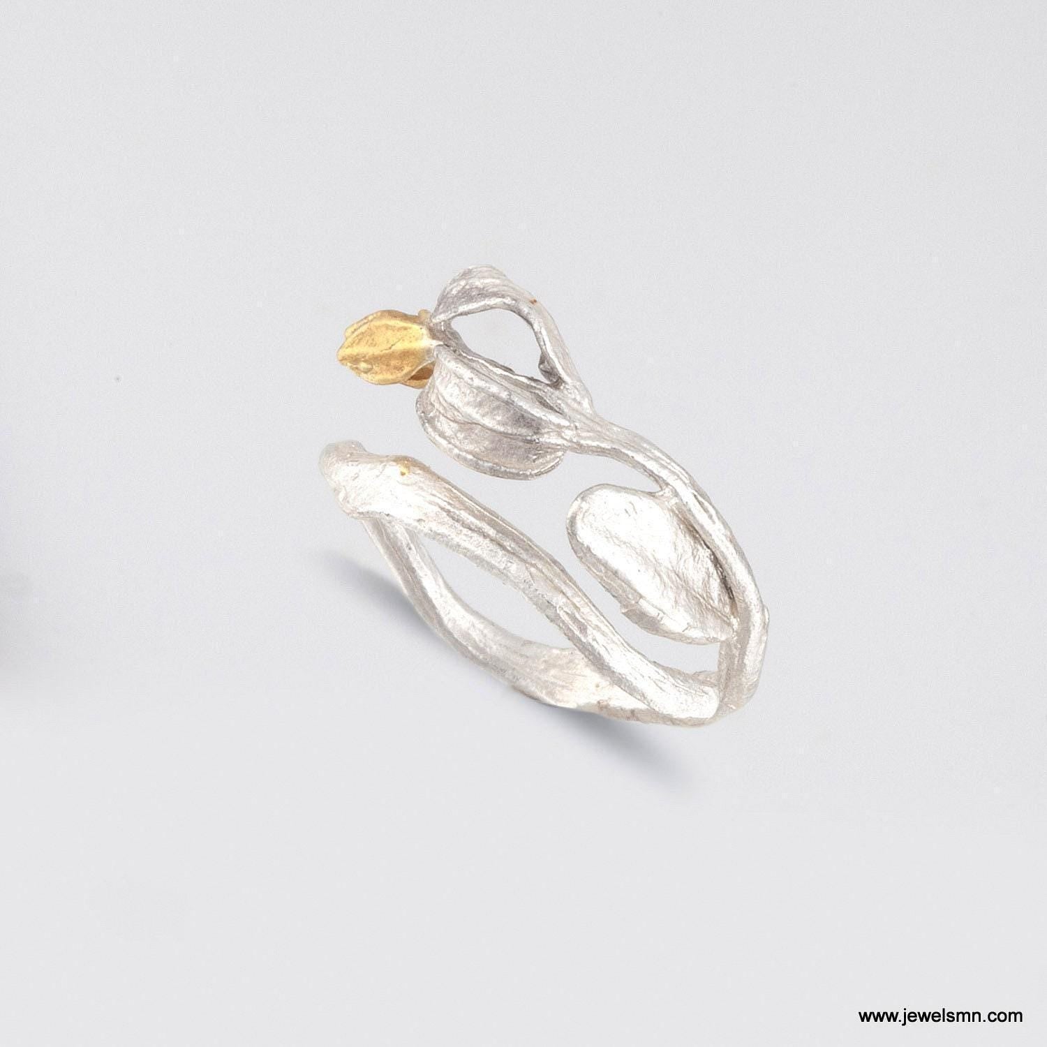 Gold Olive Branch Ring, Handmade Minimalist Jewelry, Organic Tree Band, Gift for Success & Health, Eco Sustainable Sterling Silver 925
