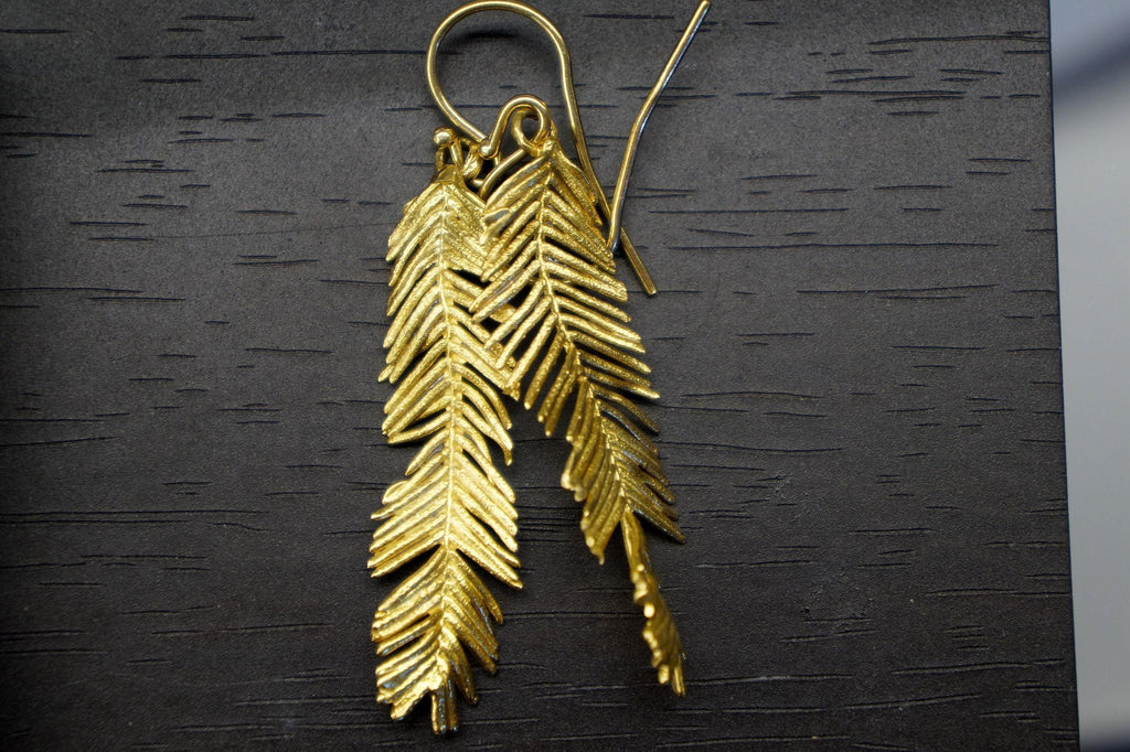 Gold Acacia Leaf Earrings, Handmade Nature Jewelry, Organic Forest Dangles, Gift for Success & Vitality, Eco Sustainable Sterling Silver 925