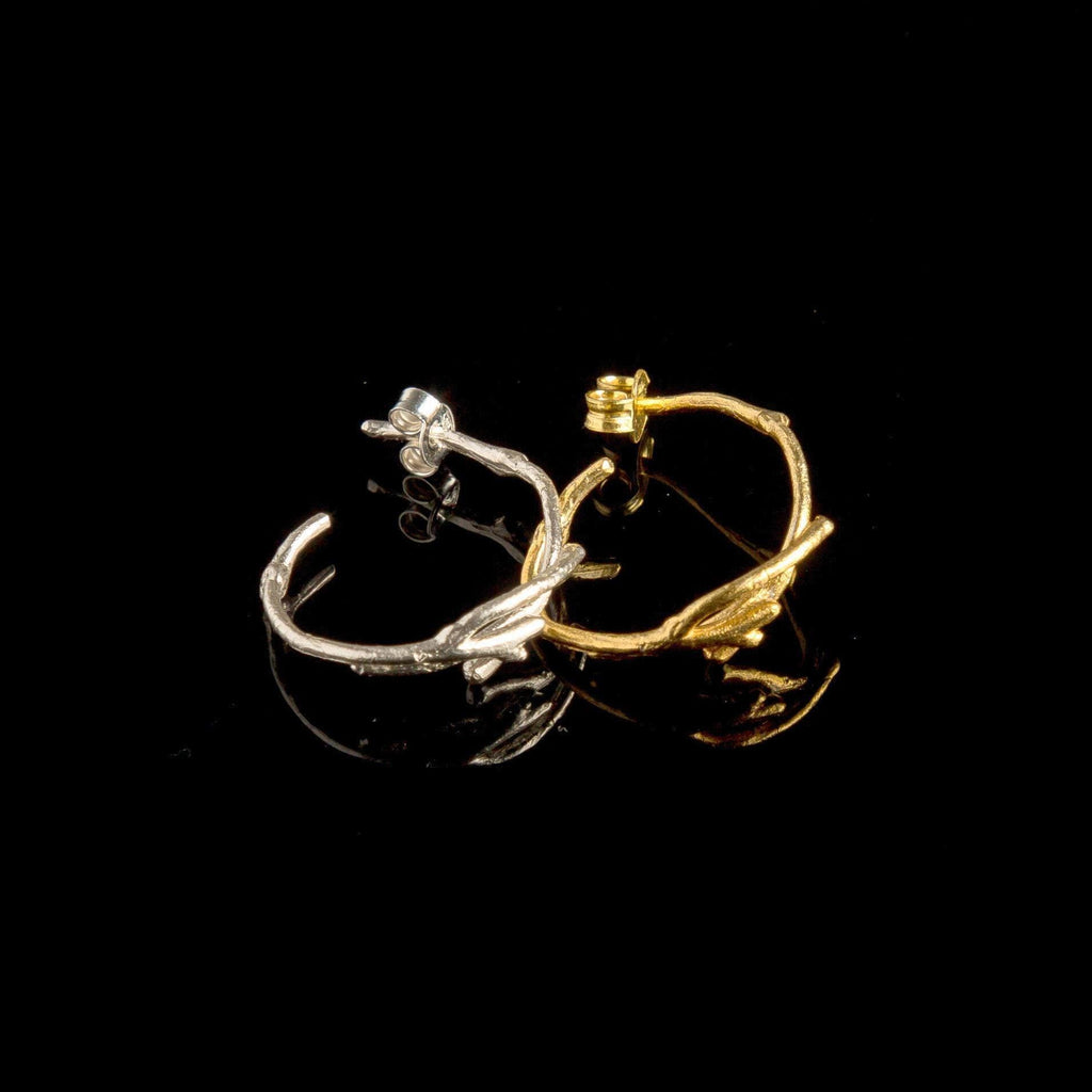 Real Jasmine Branch Gold Earrings, Handmade Minimalist Jewelry, Organic Forest Hoops, Dainty Gift for Health & Luck, Sterling Silver 925