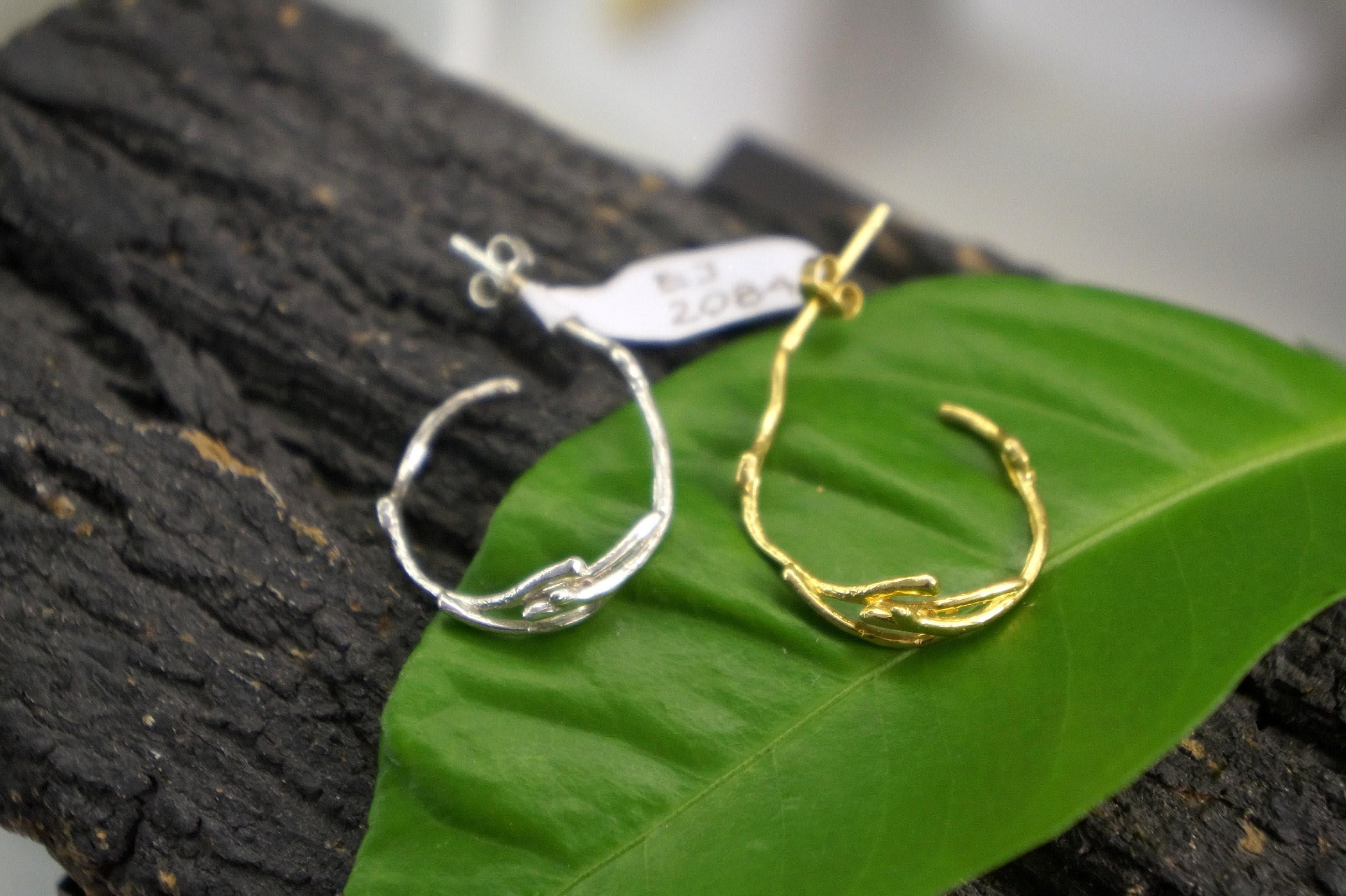 Real Jasmine Branch Gold Earrings, Handmade Minimalist Jewelry, Organic Forest Hoops, Dainty Gift for Health & Luck, Sterling Silver 925
