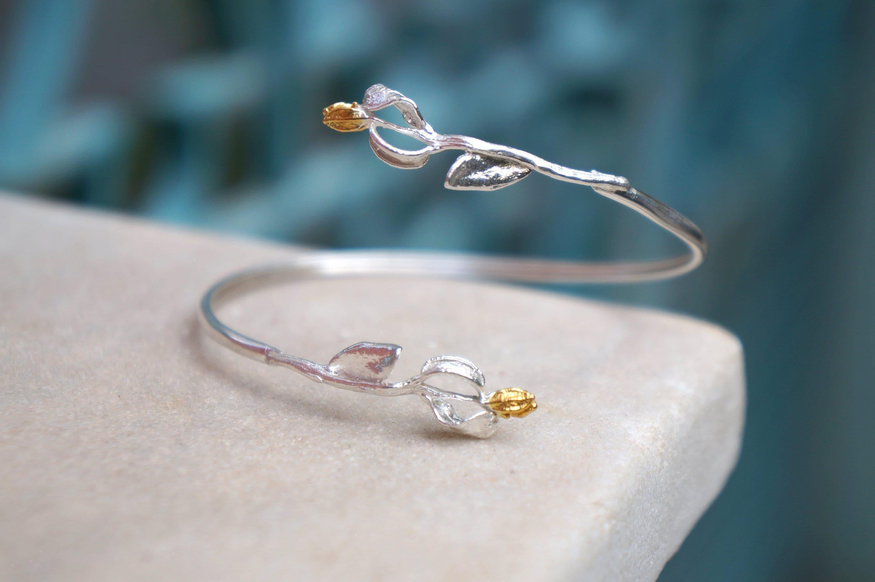 Real Olive Leaf Bracelet, Handmade Minimalist Jewelry, Organic Tree Cuff, Gift for Immortality & Luck, Gold or Sterling Silver 925