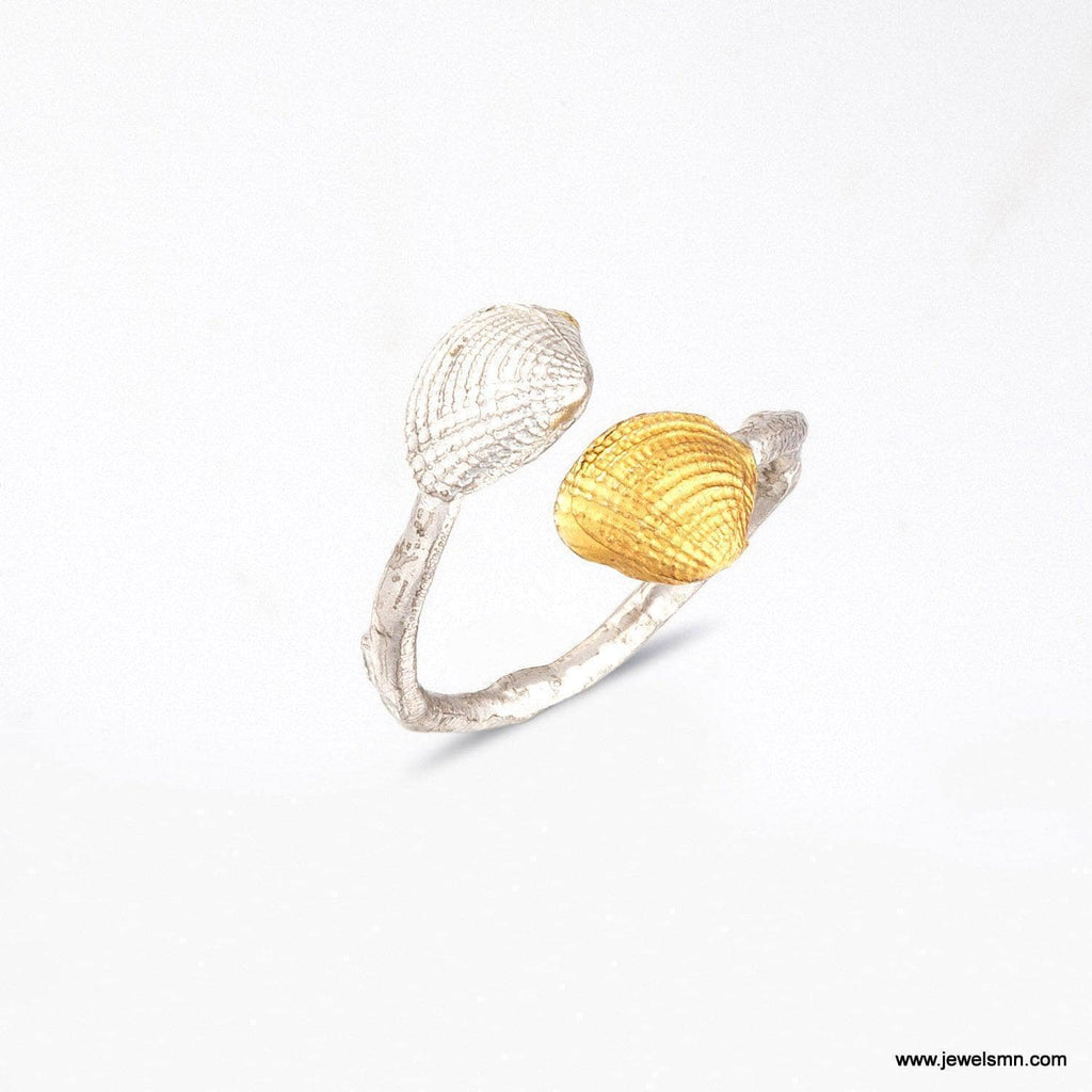 Real Sea Shell Ring, Handmade Minimalist Jewelry, Organic Two-Tone Band, Dainty Gift for Vitality & Luck, Gold and Sterling Silver 925
