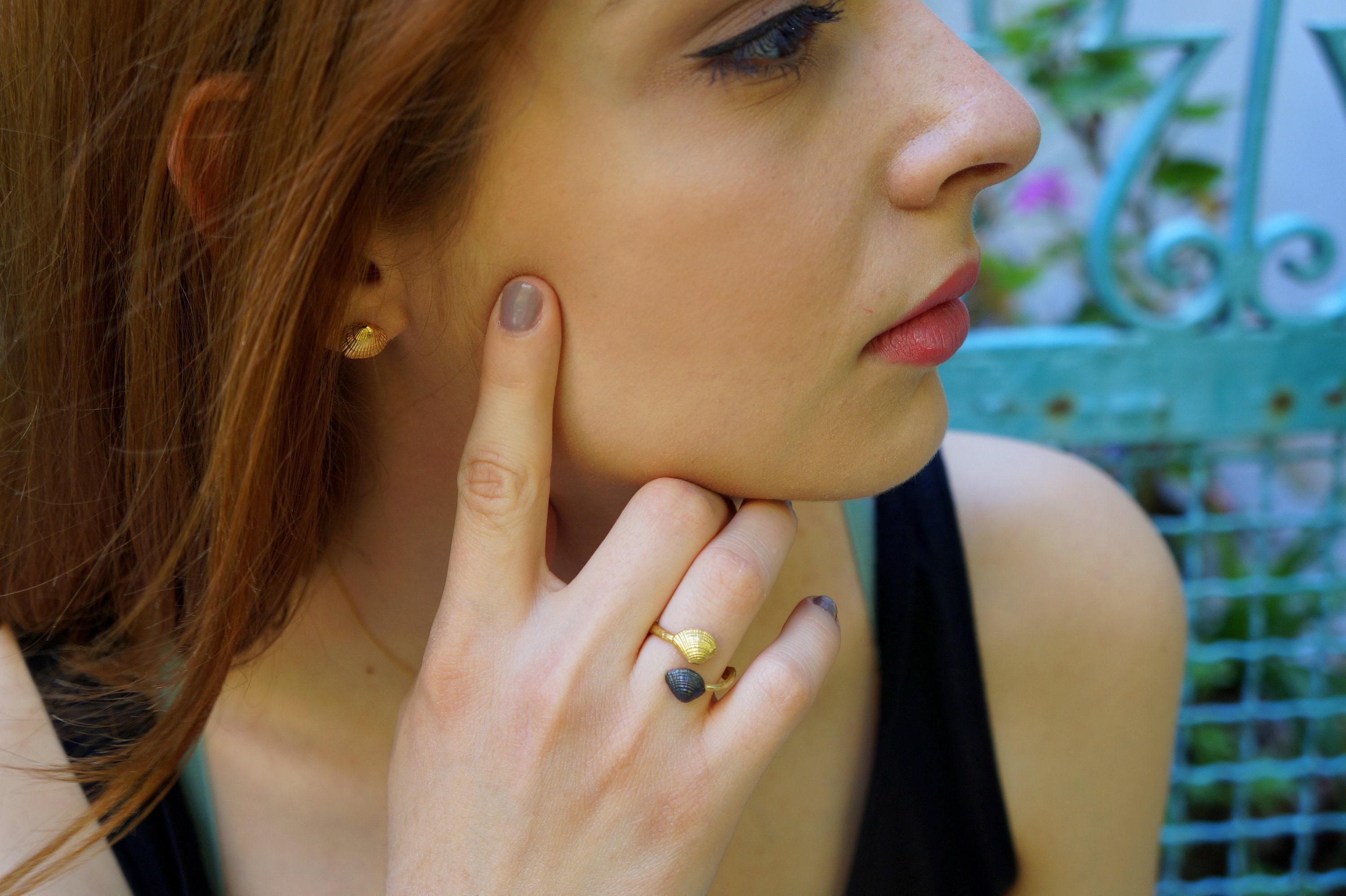 Real Sea Shell Ring, Handmade Minimalist Jewelry, Organic Two-Tone Band, Dainty Gift for Vitality & Luck, Gold and Sterling Silver 925