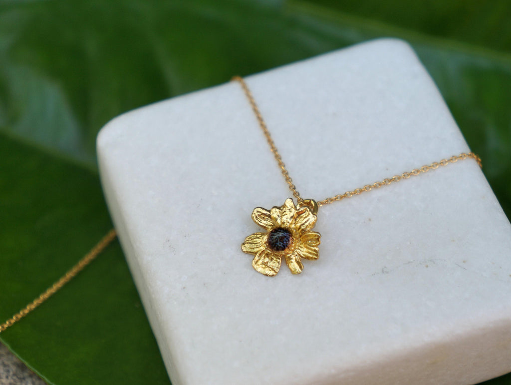 Real Chamomile Flower Necklace, 14K Gold Plated Sterling Silver 925 Pendant, Handmade Minimalist Jewelry Gift, Birthday Boho Gift for Women