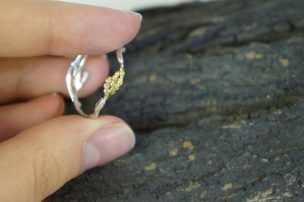 Real Jasmine & Juniper Branch Gold Ring, Handmade Minimalist Jewelry, Organic Forest Band, Gift for Longevity, Sterling Silver 925