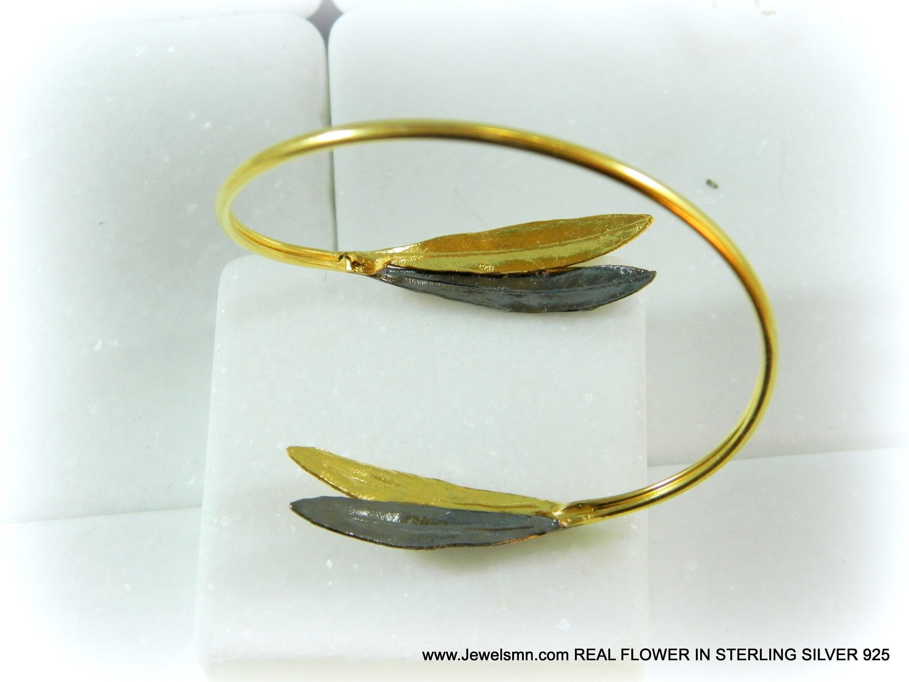 Real Olive Leaves Bracelet, Handmade Nature Jewelry, Two-Tone Organic Cuff, Gift for Health & Longevity, Eco Sustainable Sterling Silver 925