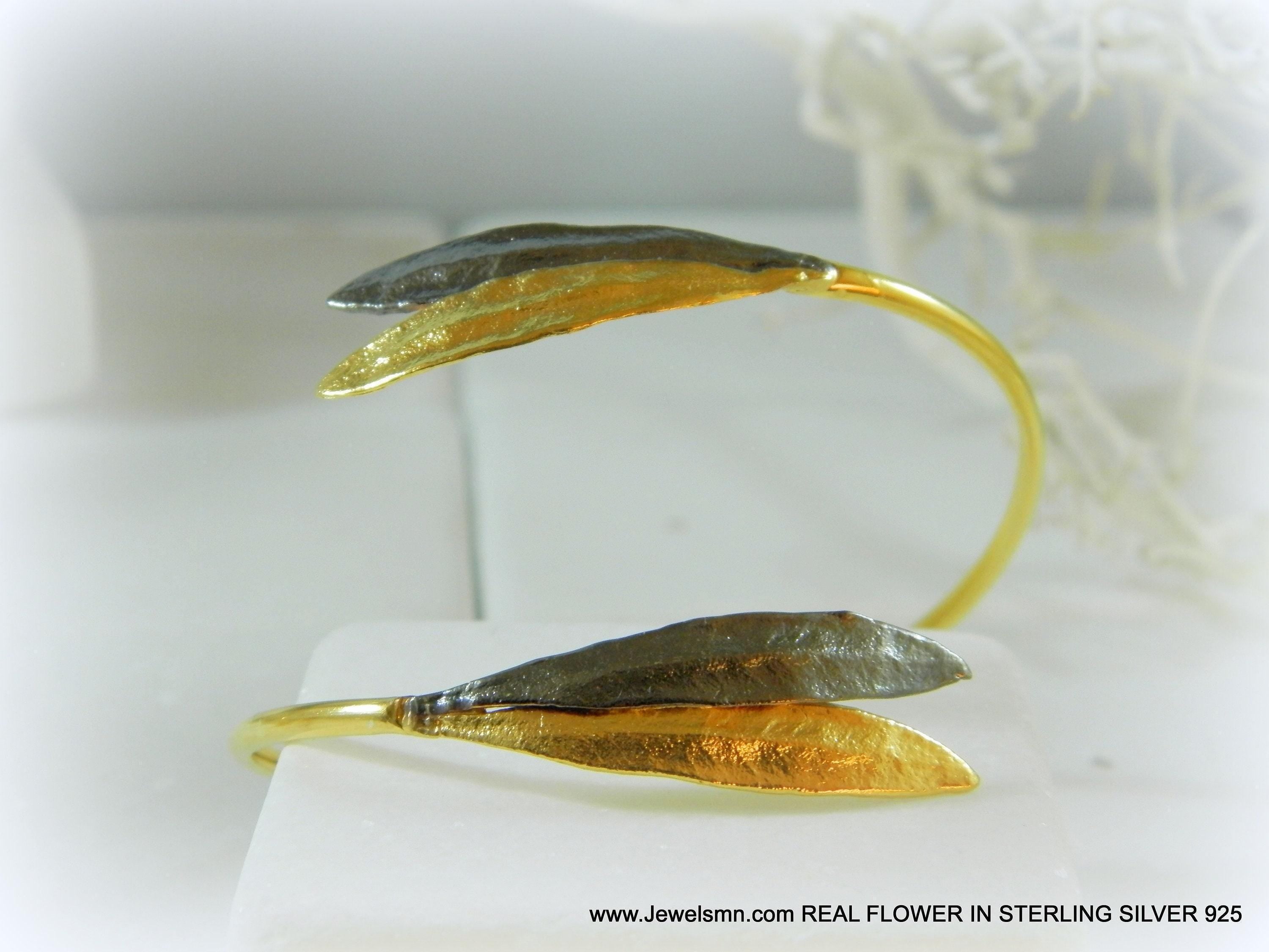 Real Olive Leaves Bracelet, Handmade Nature Jewelry, Two-Tone Organic Cuff, Gift for Health & Longevity, Eco Sustainable Sterling Silver 925