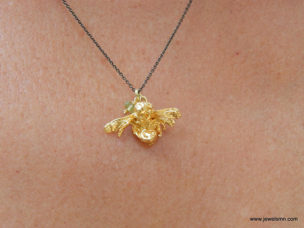 Real Bee Gold Necklace, Handmade Minimalist Jewelry, Organic Boho Pendant, Gift for Health & Prosperity, Gold or Sterling Silver 925