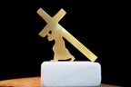 Cross Statue: Minimal Gold Religious Decor (Marble Base Sculpture)
