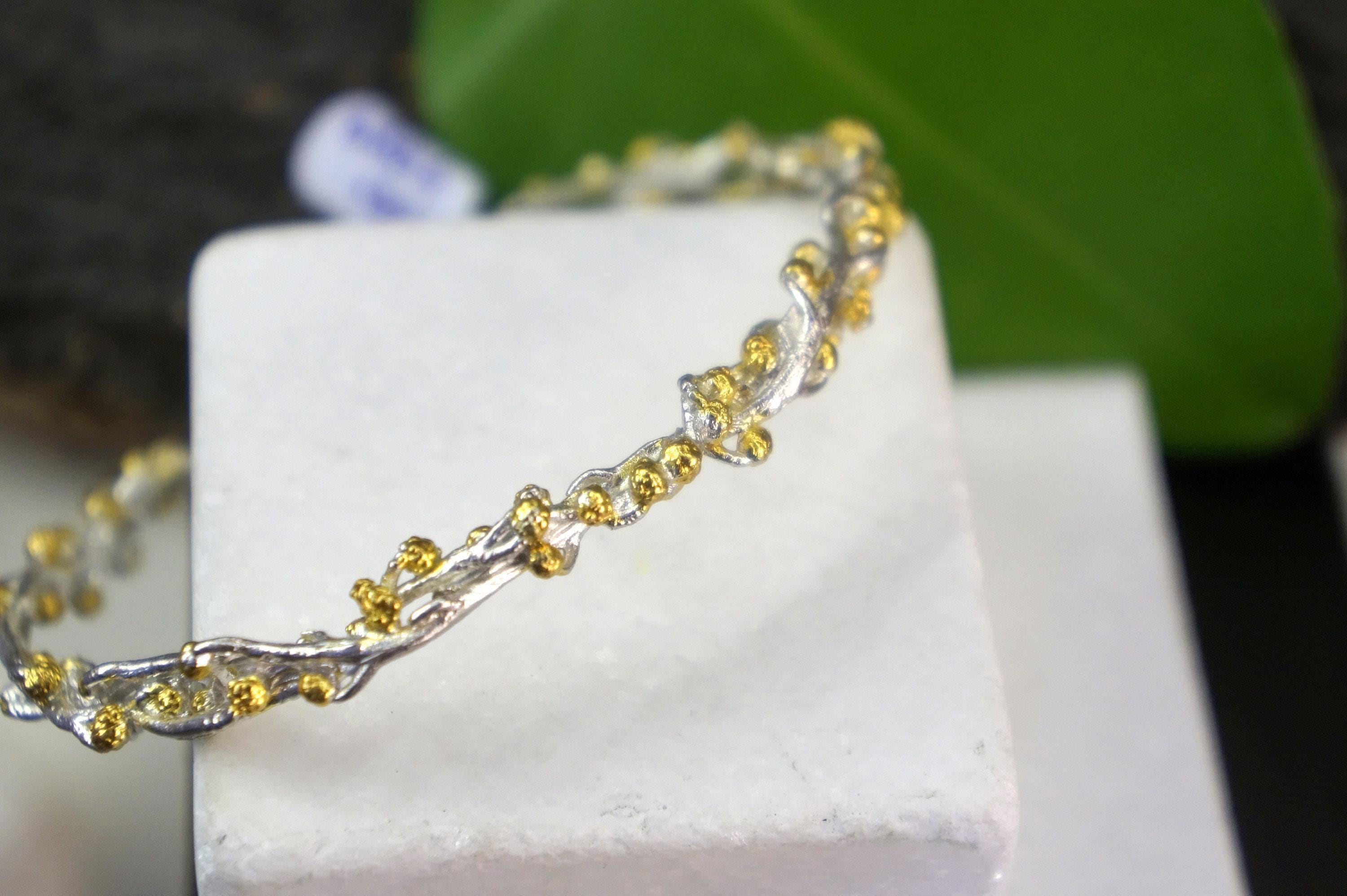 Gold Mimosa Branch Bracelet, Handmade Nature Jewelry, Organic Forest Bangle, Gift for Longevity & Vitality, Sterling Silver 925