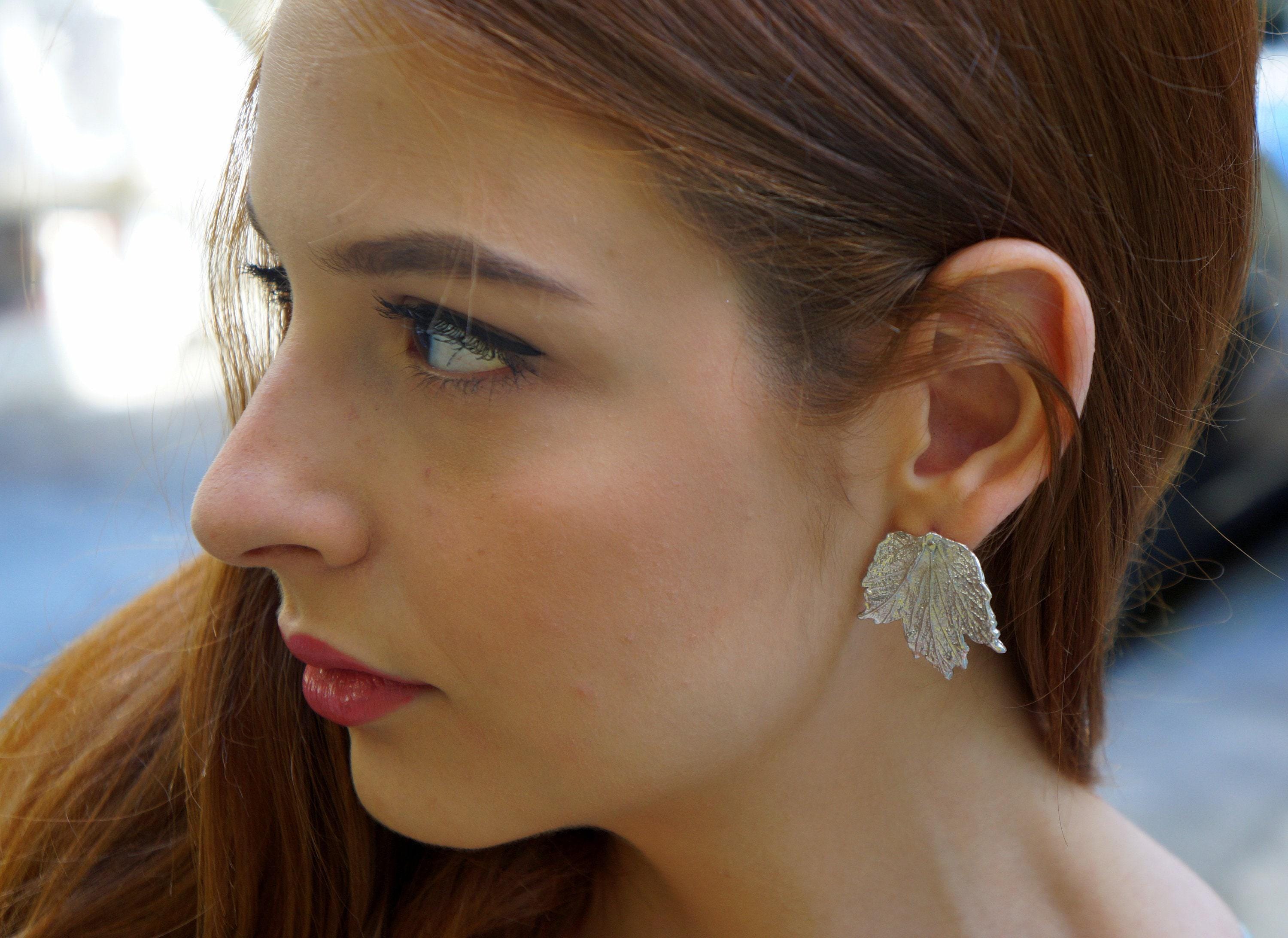 Bourbon Rose Leaf Earrings, Handmade Nature Jewelry, Organic Statement Studs, Gift for Luck & Health, Gold or Sterling Silver 925