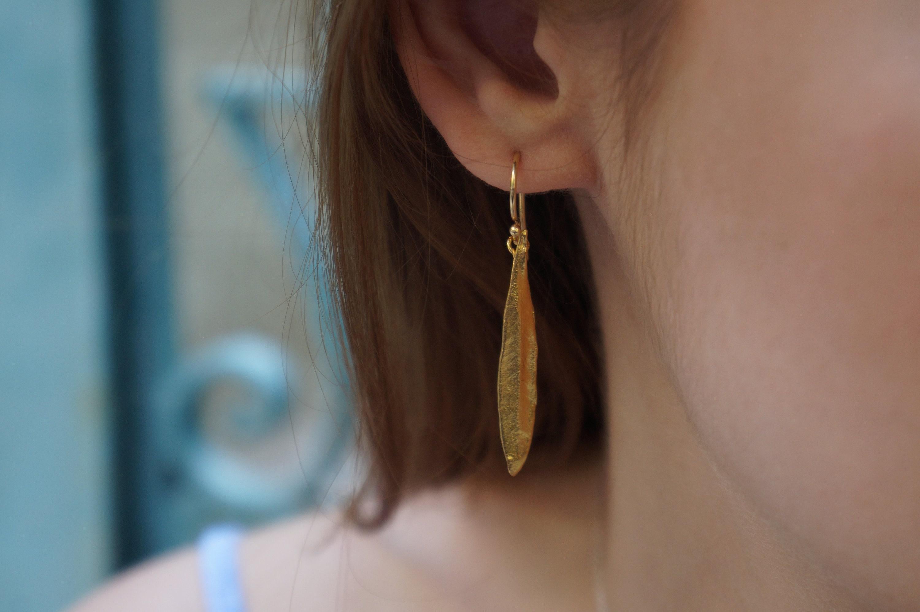 Real Olive Leaf Gold Earrings, Handmade Nature Jewelry, Organic Tree Drops, Gift for Victory & Health, Eco Sustainable Sterling Silver 925