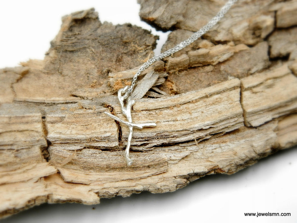 Real Jasmine Branch Cross Necklace, Handmade Minimalist Jewelry, Organic Twig Pendant, Gift for Faith & Protection, Sterling Silver 925