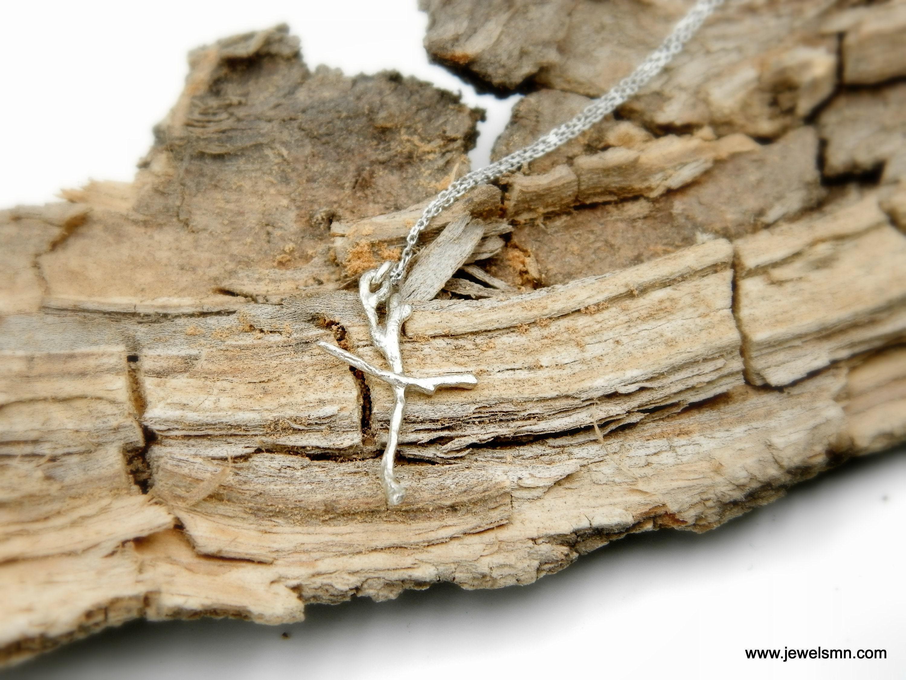 Real Jasmine Branch Cross Necklace, Handmade Minimalist Jewelry, Organic Twig Pendant, Gift for Faith & Protection, Sterling Silver 925
