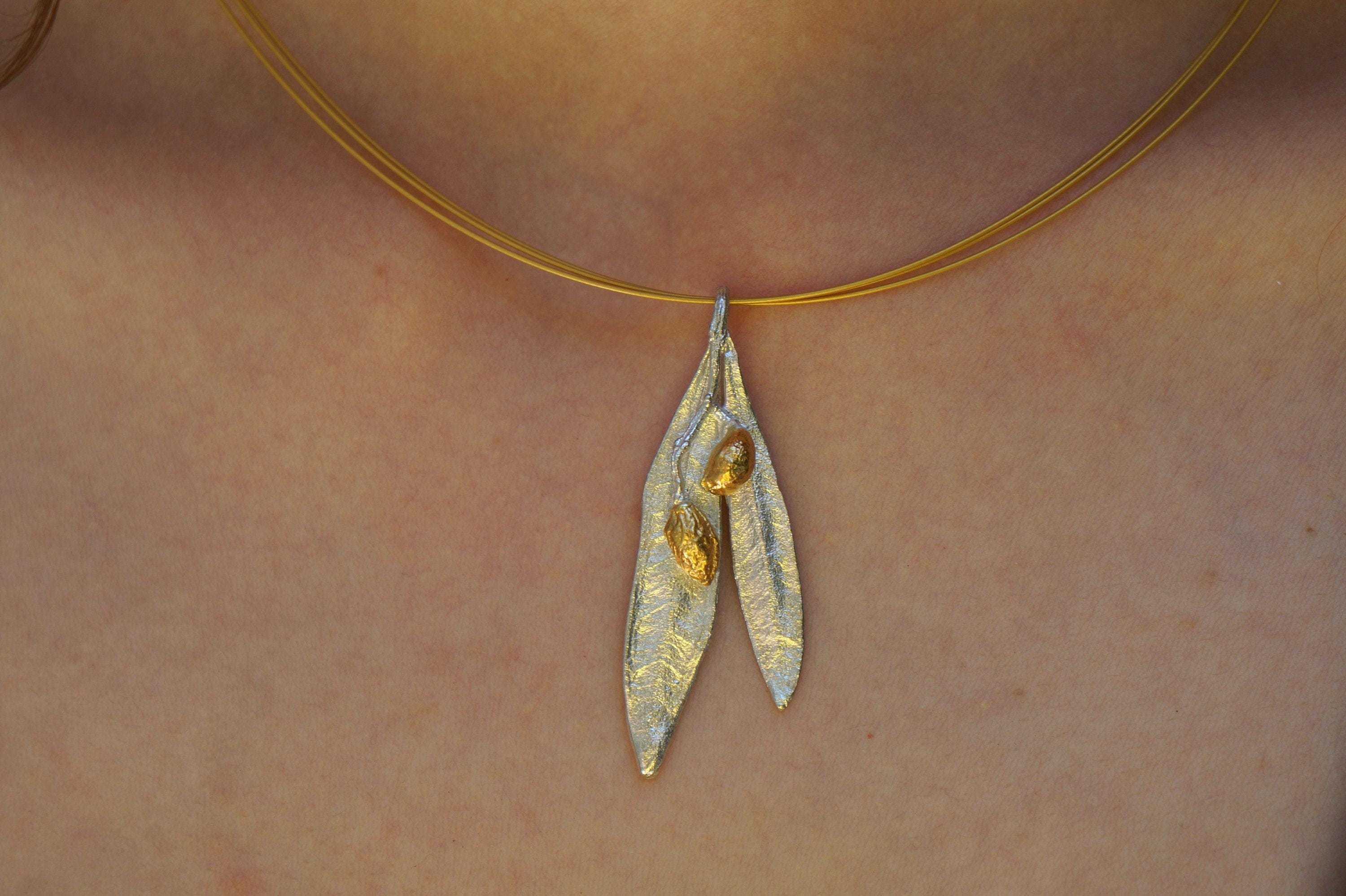Real Olive Leaves Gold Necklace, Handmade Nature Jewelry, Organic Tree Pendant, Gift for Victory & Health, Sterling Silver 925