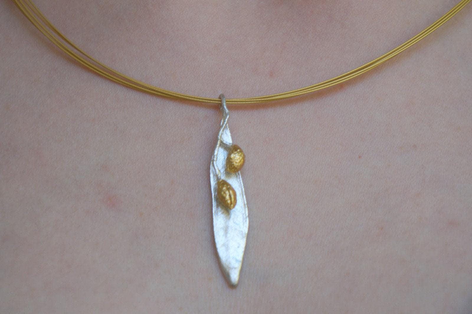 Real Olive Leaf Necklace, Handmade Minimalist Jewelry, Organic Tree Pendant Band, Gift for Health & Success, Gold and Sterling Silver 925