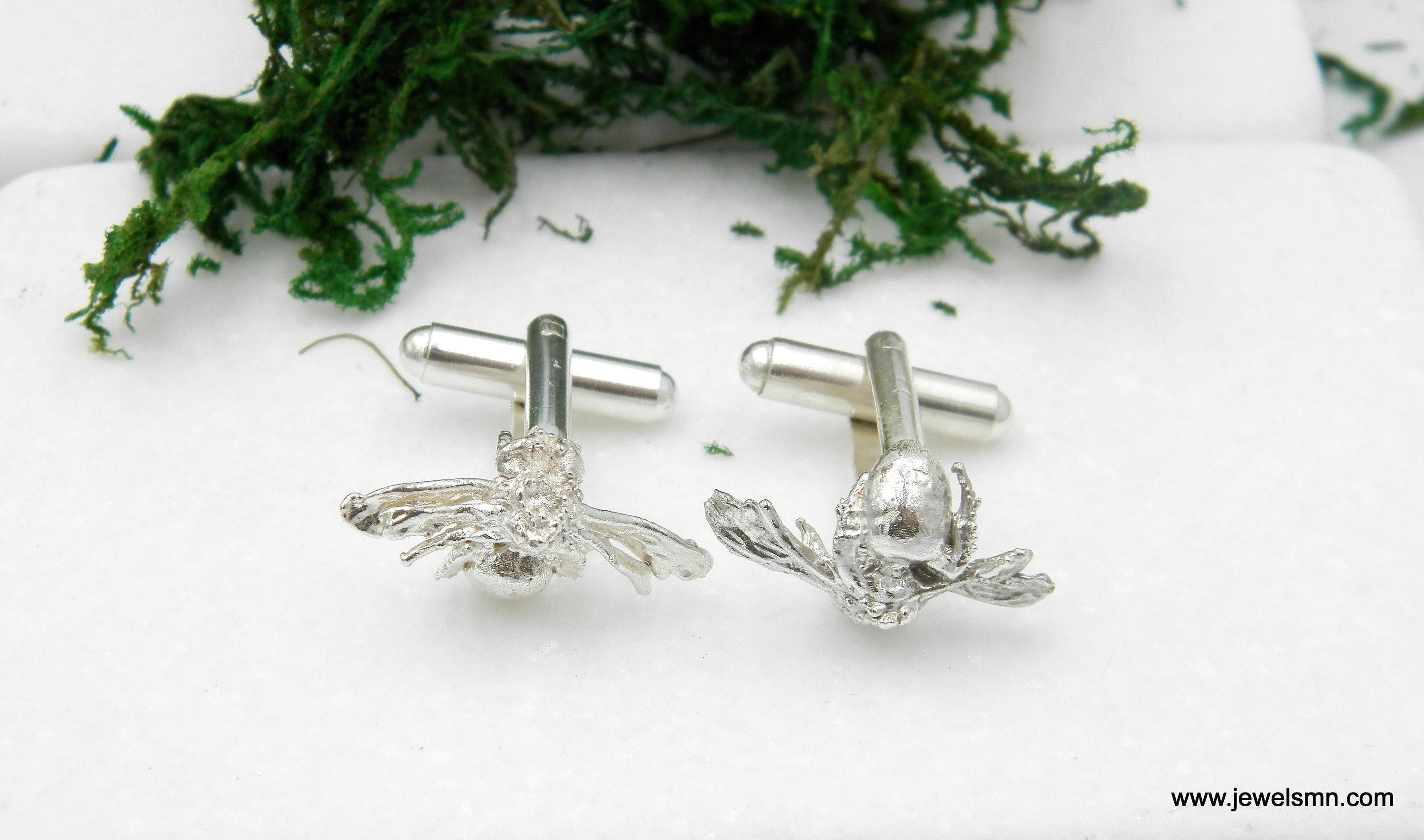 Bee Cufflinks, Handmade Men's Accessories for Suit, Sterling Silver 925, Nature-Inspired Jewelry