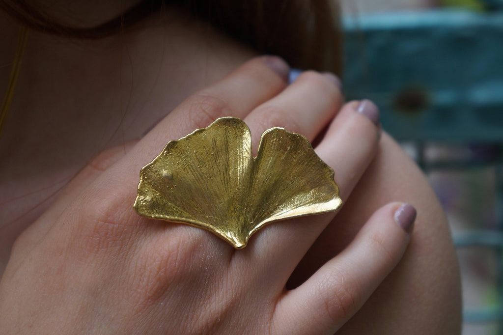 Real Ginkgo Biloba Leaf Ring, Handmade Nature Jewelry, Botanical Statement Band, Gift for Luck & Longevity, Sustainable Sterling Silver 925