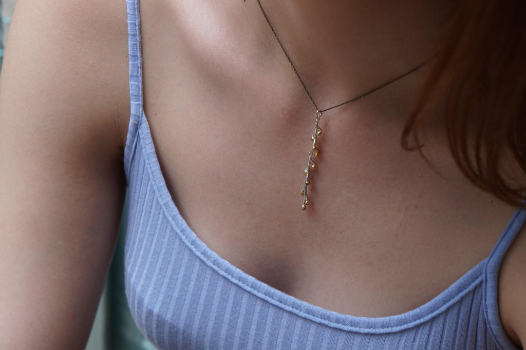 Real Mimosa Long Necklace, Handmade Nature Jewelry, Organic Forest Pendant, Gift for Bright Luck, Eco Sustainable Sterling Silver 925