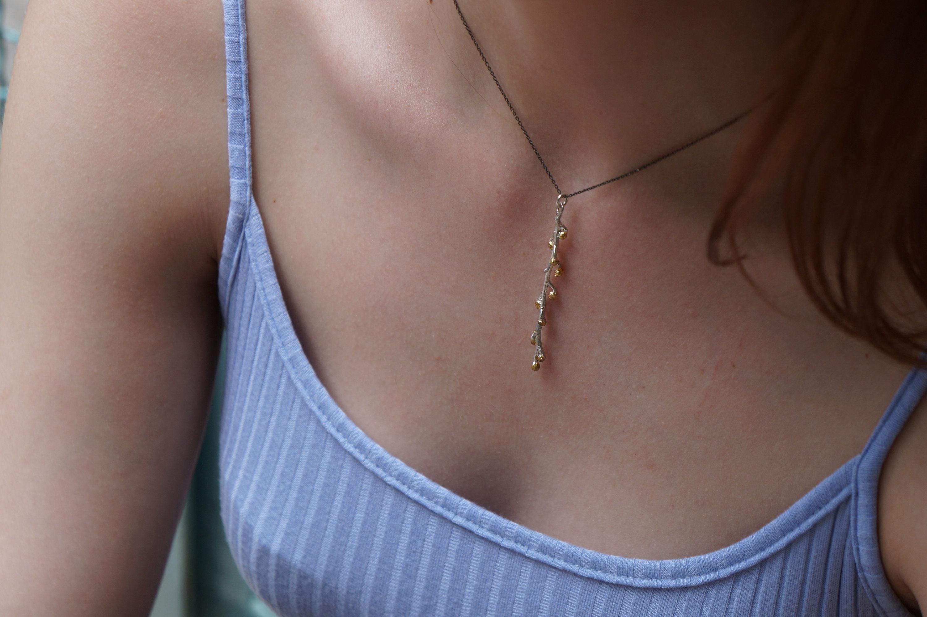 Real Mimosa Long Necklace, Handmade Nature Jewelry, Organic Forest Pendant, Gift for Bright Luck, Eco Sustainable Sterling Silver 925