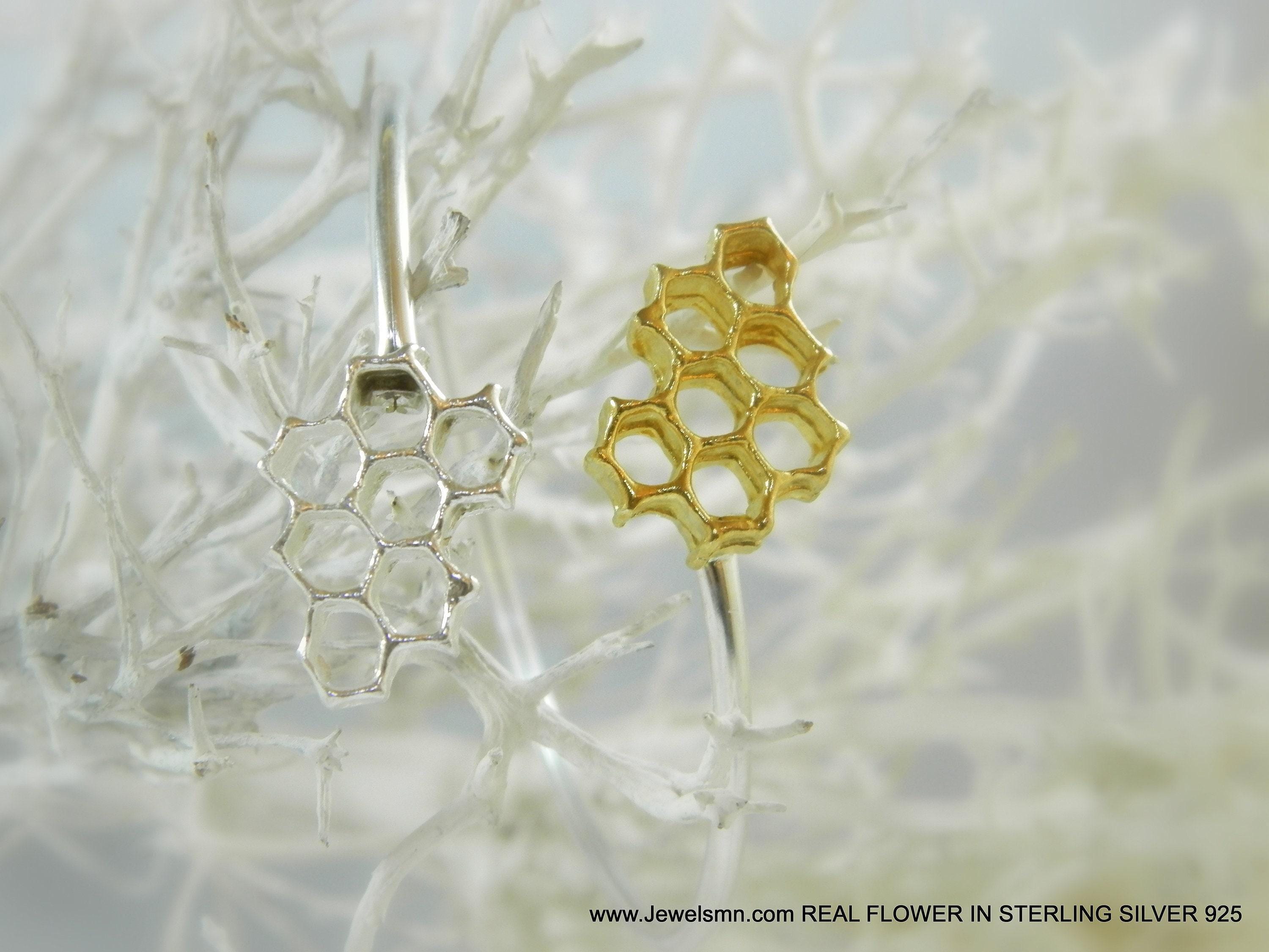 Real Honeycomb Cuff Bracelet, Handmade Nature Jewelry, Organic Bee Fashion, Gift for Health & Longevity, Gold or Sterling Silver 925