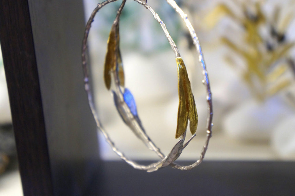 Real Olive Leaf and Branch Earrings, Handmade Nature Jewelry, Botanical Hoops, Gift for Luck & Success, Eco Sustainable Sterling Silver 925