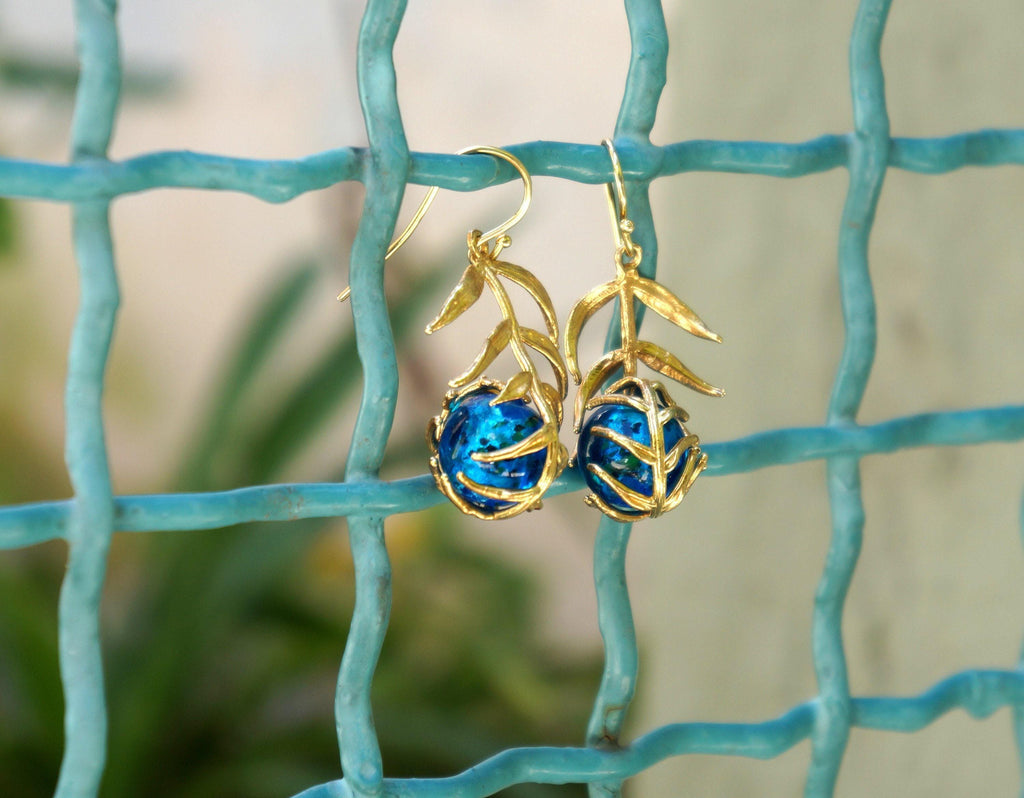 Real Araucaria Leaf Earrings, Handmade Nature Jewelry with Blue Murano, Organic Forest Dangles, Gift for Protection, Sterling Silver 925
