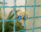 Real Araucaria Leaf Earrings, Handmade Nature Jewelry with Blue Murano, Organic Forest Dangles, Gift for Protection, Sterling Silver 925