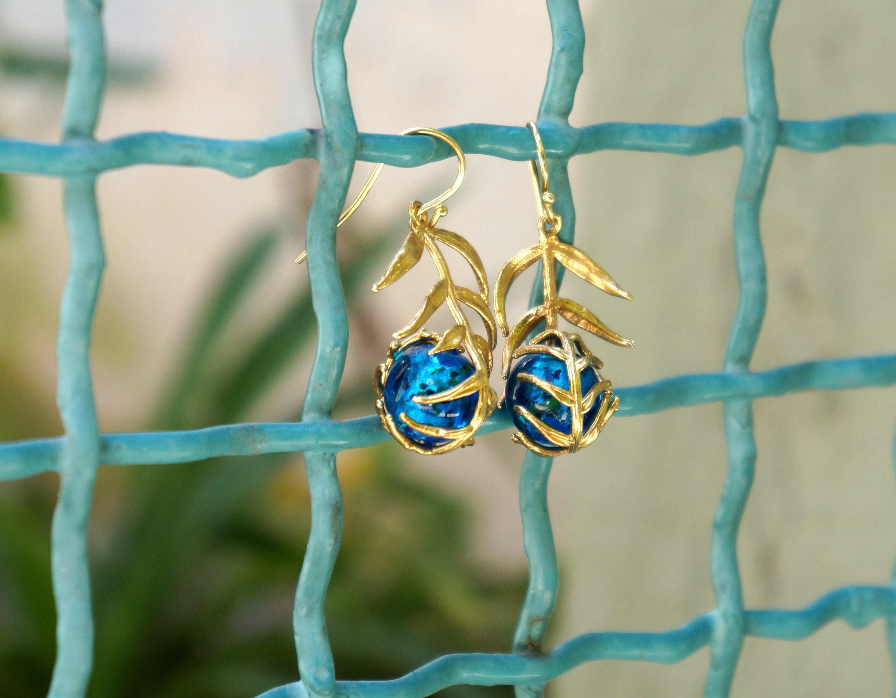 Real Araucaria Leaf Earrings, Handmade Nature Jewelry with Blue Murano, Organic Forest Dangles, Gift for Protection, Sterling Silver 925