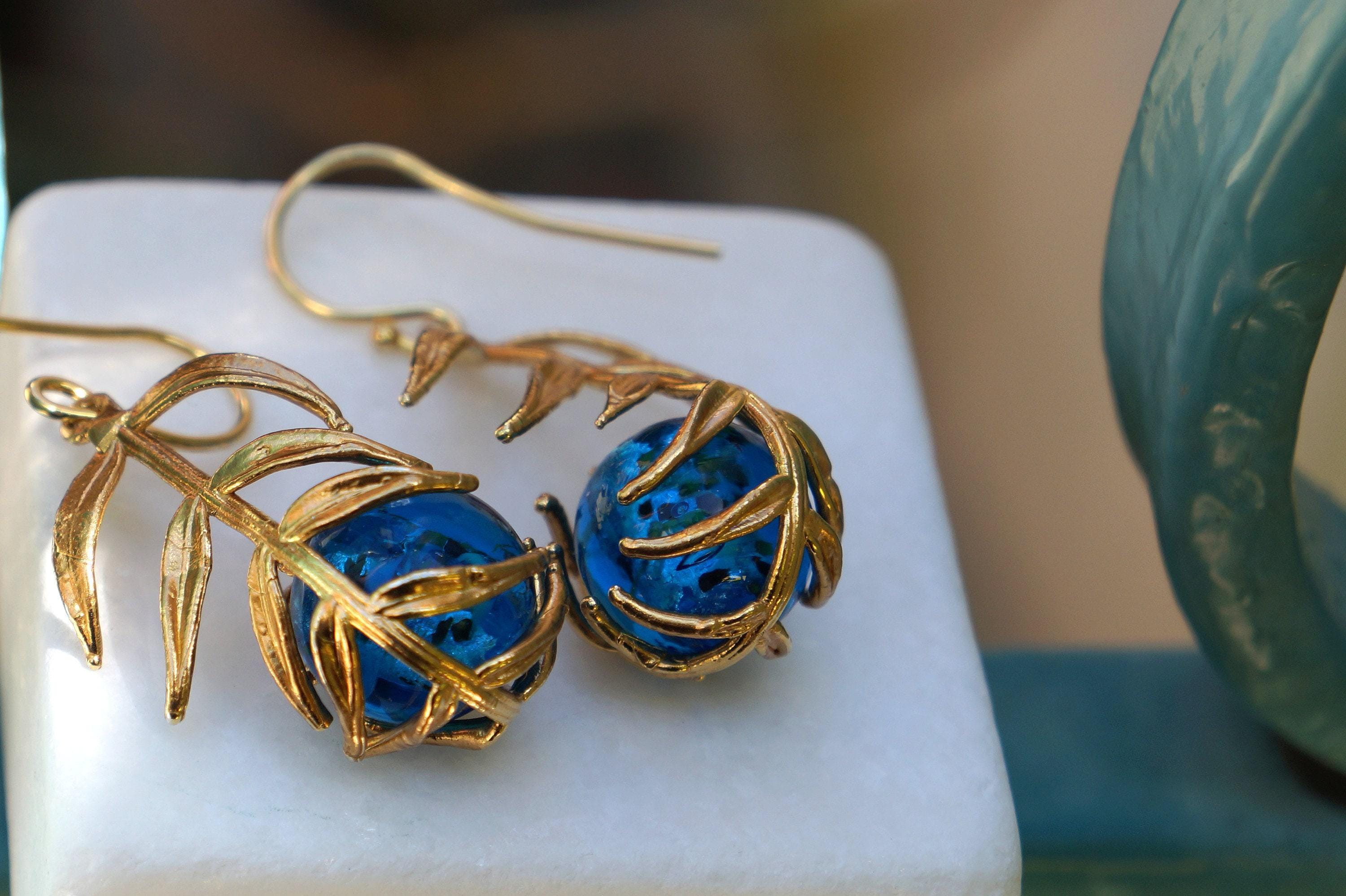 Real Araucaria Leaf Earrings, Handmade Nature Jewelry with Blue Murano, Organic Forest Dangles, Gift for Protection, Sterling Silver 925