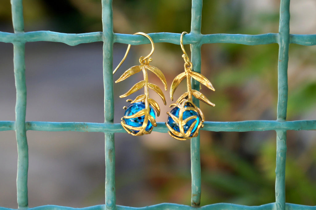 Real Araucaria Leaf Earrings, Handmade Nature Jewelry with Blue Murano, Organic Forest Dangles, Gift for Protection, Sterling Silver 925