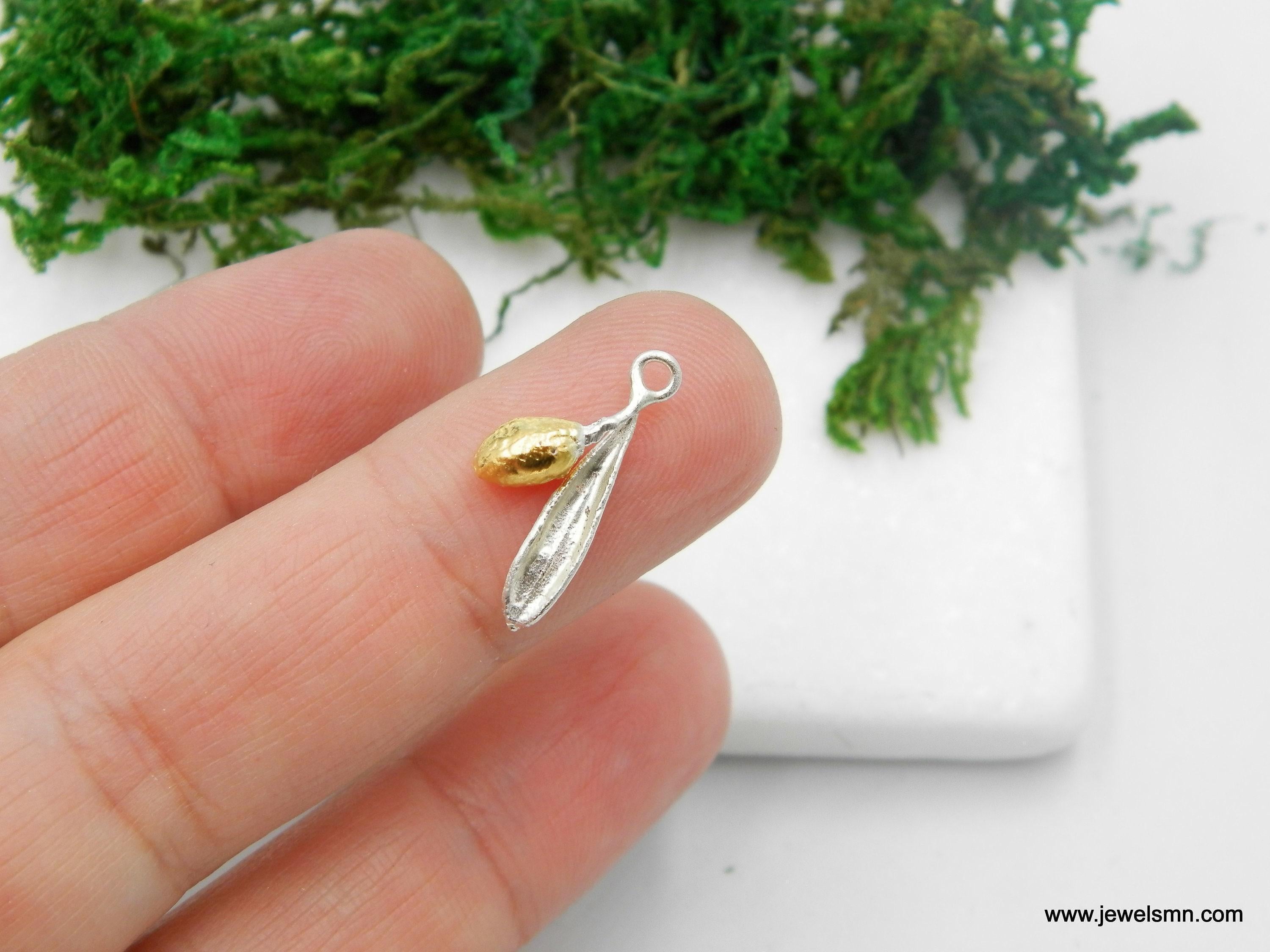 Olive Leaf Necklace, Handmade Minimalist Jewelry, Organic Tree Pendant, Gift for Success & Health, Two-Tone Gold and Sterling Silver 925