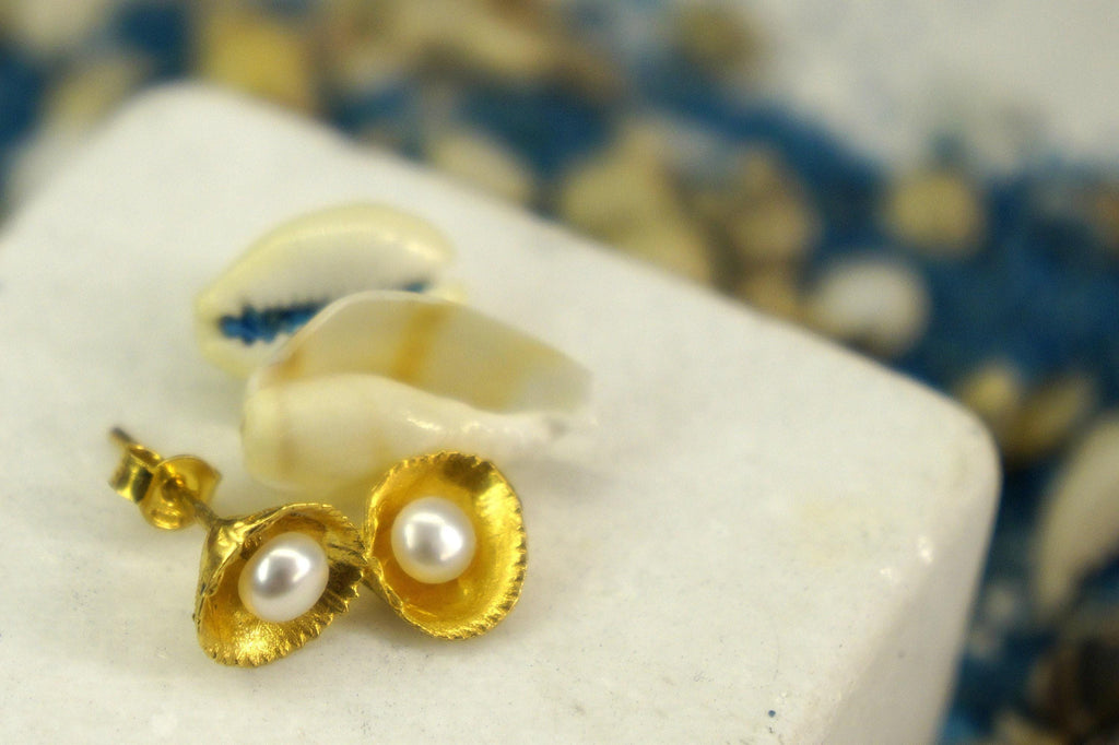 Real Sea Shell and Pearl Studs, Handmade Minimalist Jewelry, Beach Earrings, Gift for Luck & Longevity, Eco Sustainable Sterling Silver 925