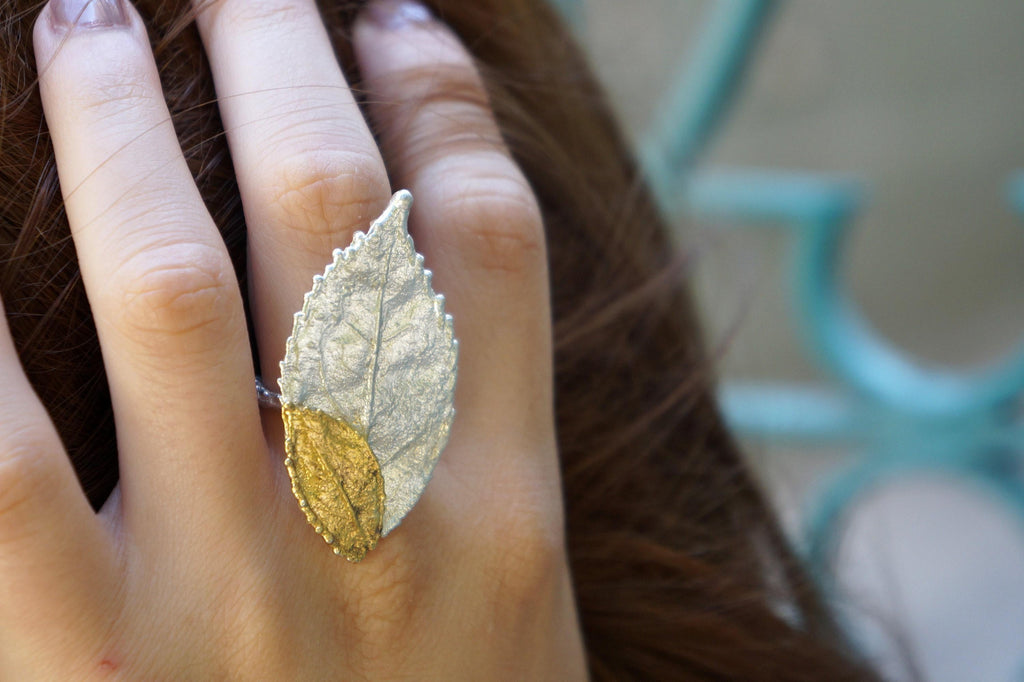 Double Rose Leaf Ring, Handmade Nature Jewelry, Botanical Statement Band, Gift for Luck & Love, Eco Sustainable Sterling Silver 925
