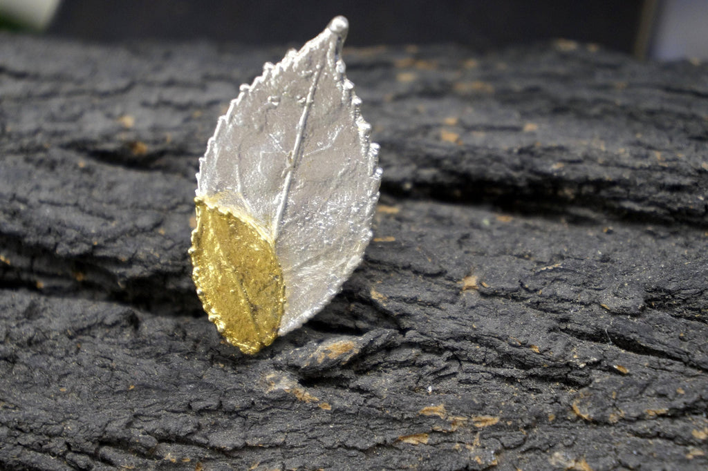 Double Rose Leaf Ring, Handmade Nature Jewelry, Botanical Statement Band, Gift for Luck & Love, Eco Sustainable Sterling Silver 925