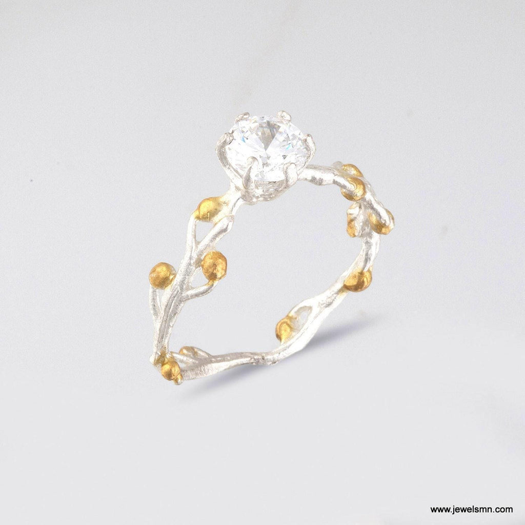 Zircon Gemstone Ring, made of Mimosa-Acacia sprout with buds. Recycled sterling silver and goldplate. It symbolises femininity and womanhood