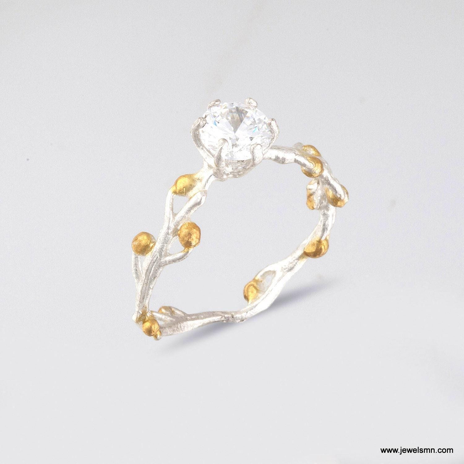 Zircon Gemstone Ring, made of Mimosa-Acacia sprout with buds. Recycled sterling silver and goldplate. It symbolises femininity and womanhood