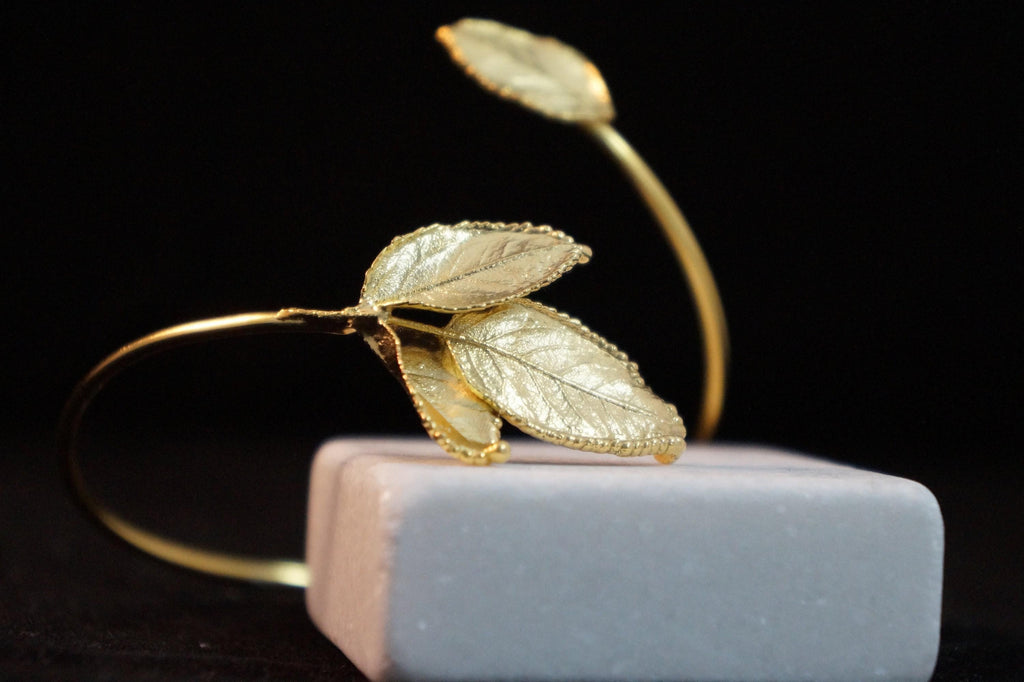 Gold Rose Leaves Cuff Bracelet, Handmade Nature Jewelry, Boho Bracelet for Gift, Symbol of Health and Love, Sustainable Sterling Silver 925