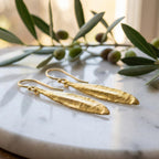 Real Olive Leaf Gold Earrings, Handmade Nature Jewelry, Organic Tree Drops, Gift for Victory & Health, Eco Sustainable Sterling Silver 925