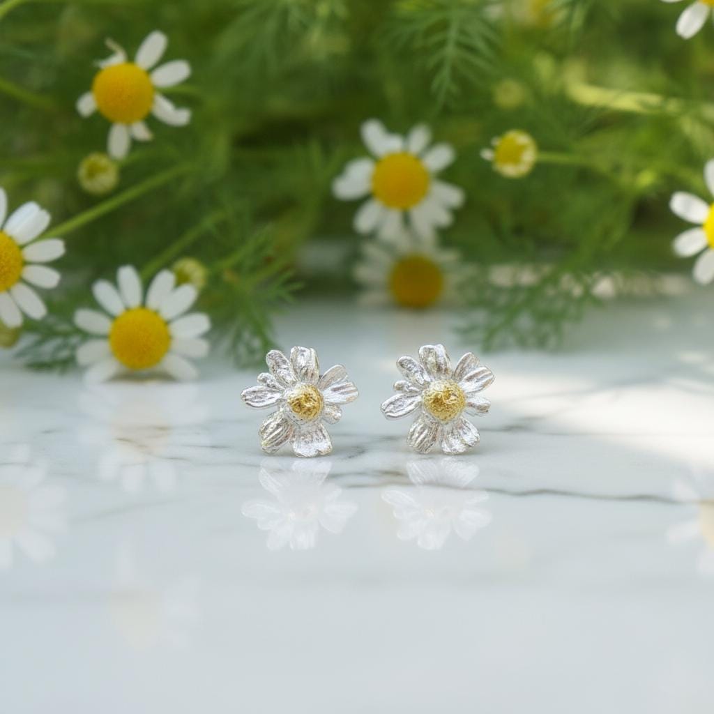 Stud Chamomile Earrings for women, 925 Sterling Silver Jewelry, Real Dainty flower - Symbolizes healing, patience, and attracting wealth