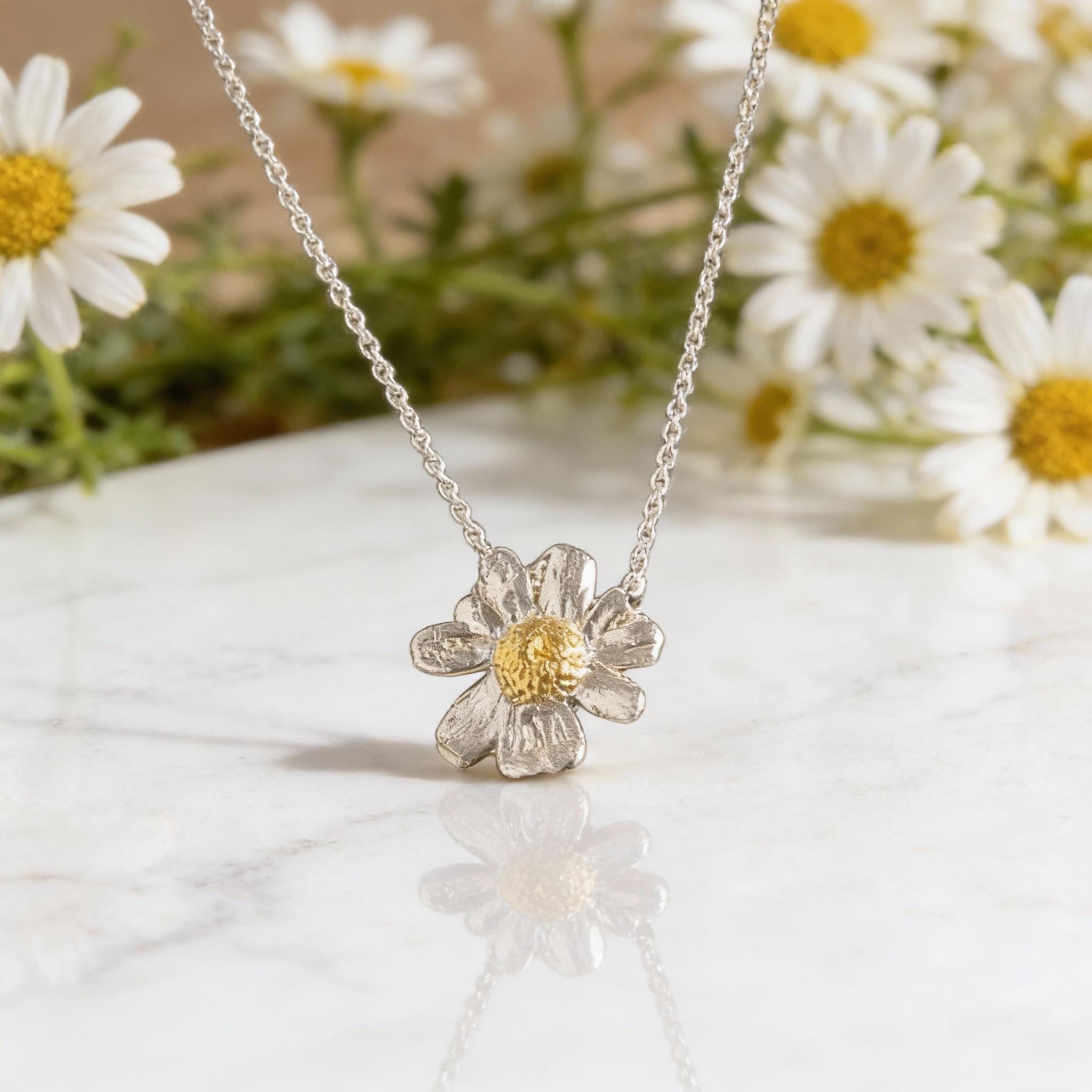 Real Chamomile Flower Necklace, 14K Gold Plated Sterling Silver 925 Pendant, Handmade Minimalist Jewelry Gift, Birthday Boho Gift for Women