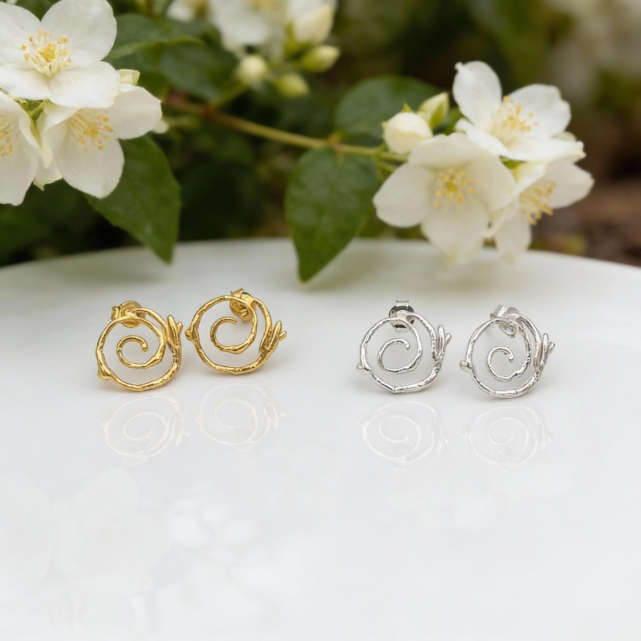 Women gift jewelry,Spiral Stud Earrings, Jasmine Twig in sterling silver 925 or 14k Gold Plated.Spiral symbol of life's unfolding journey.