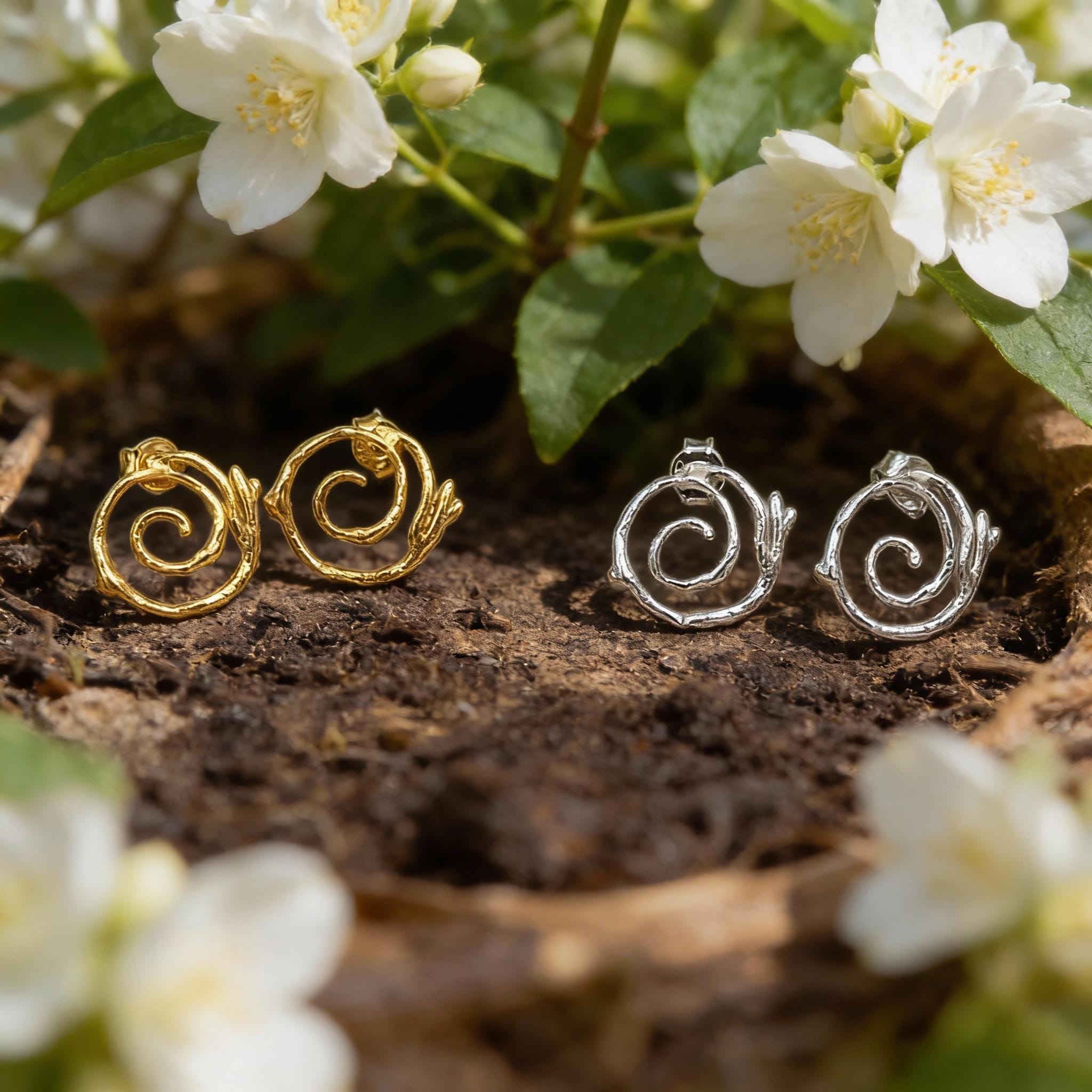 Women gift jewelry,Spiral Stud Earrings, Jasmine Twig in sterling silver 925 or 14k Gold Plated.Spiral symbol of life's unfolding journey.