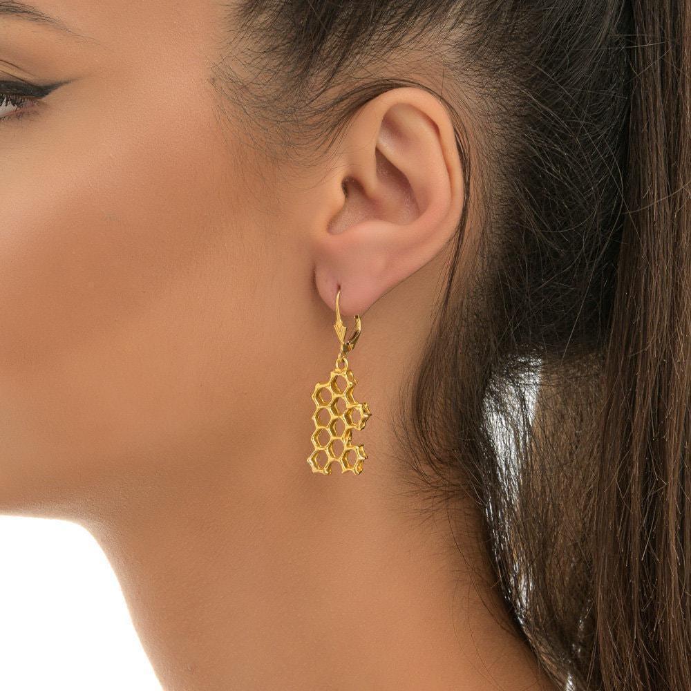 Real Honeycomb Earrings, Handmade Nature Jewelry, Organic Bee Dangles, Gift for Luck & Productivity, Eco Sustainable Brass