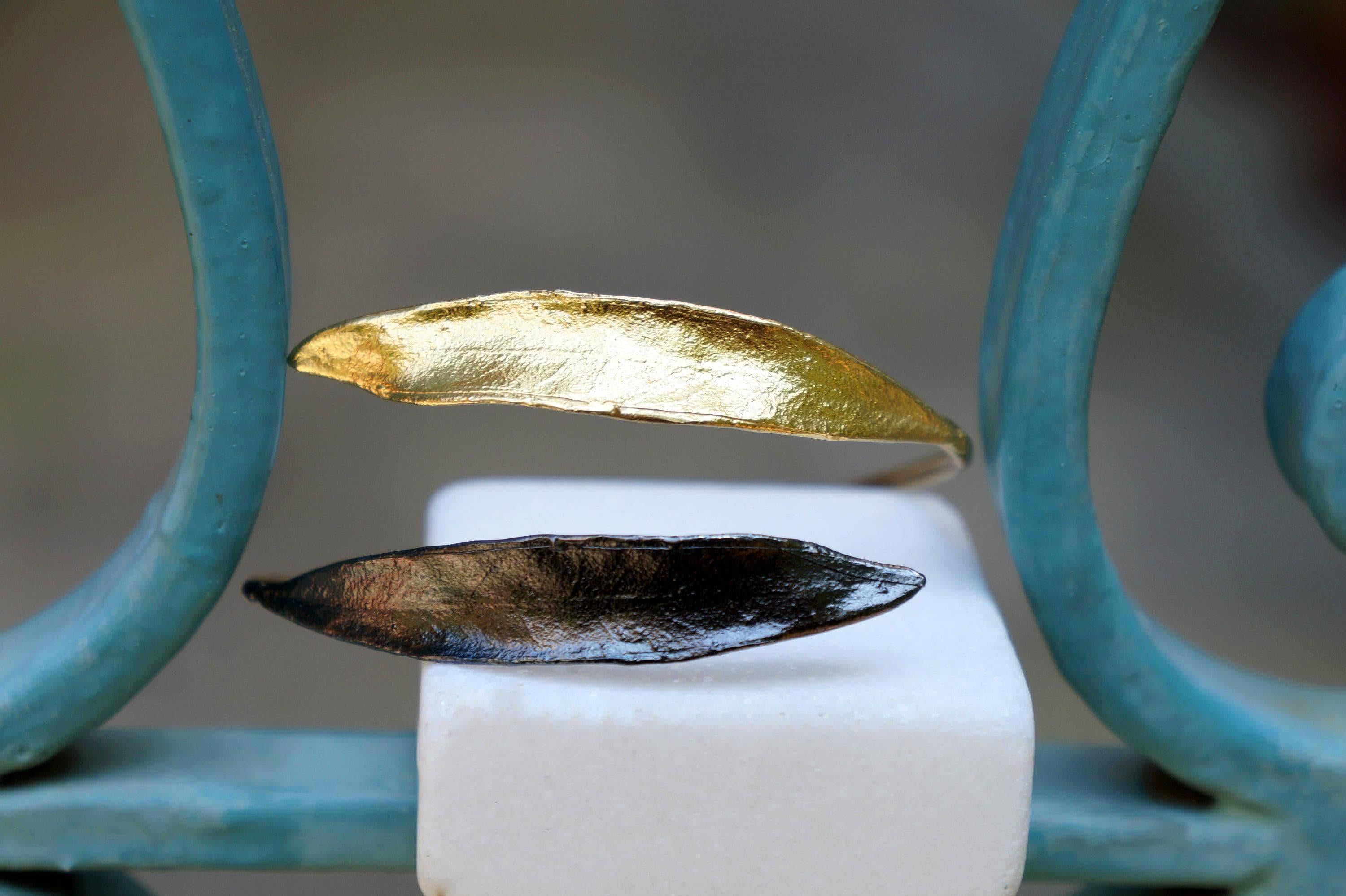 Real Olive Leaves Bracelet, Handmade Nature Jewelry, Organic Statement Cuff, Boho Gift for Vitality & Luck, Eco Sustainable BRass