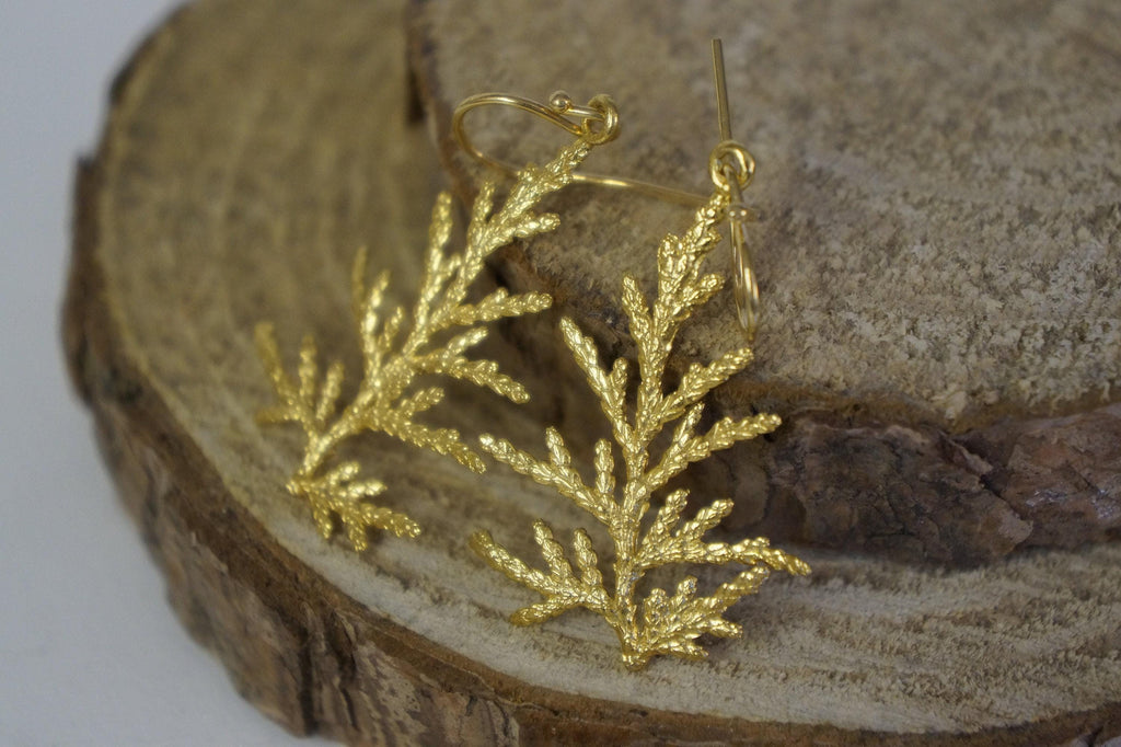 Cypress Leaf Earrings: Natural 14 k Gold Drop - Lightweight, Elegant Recycled Brass