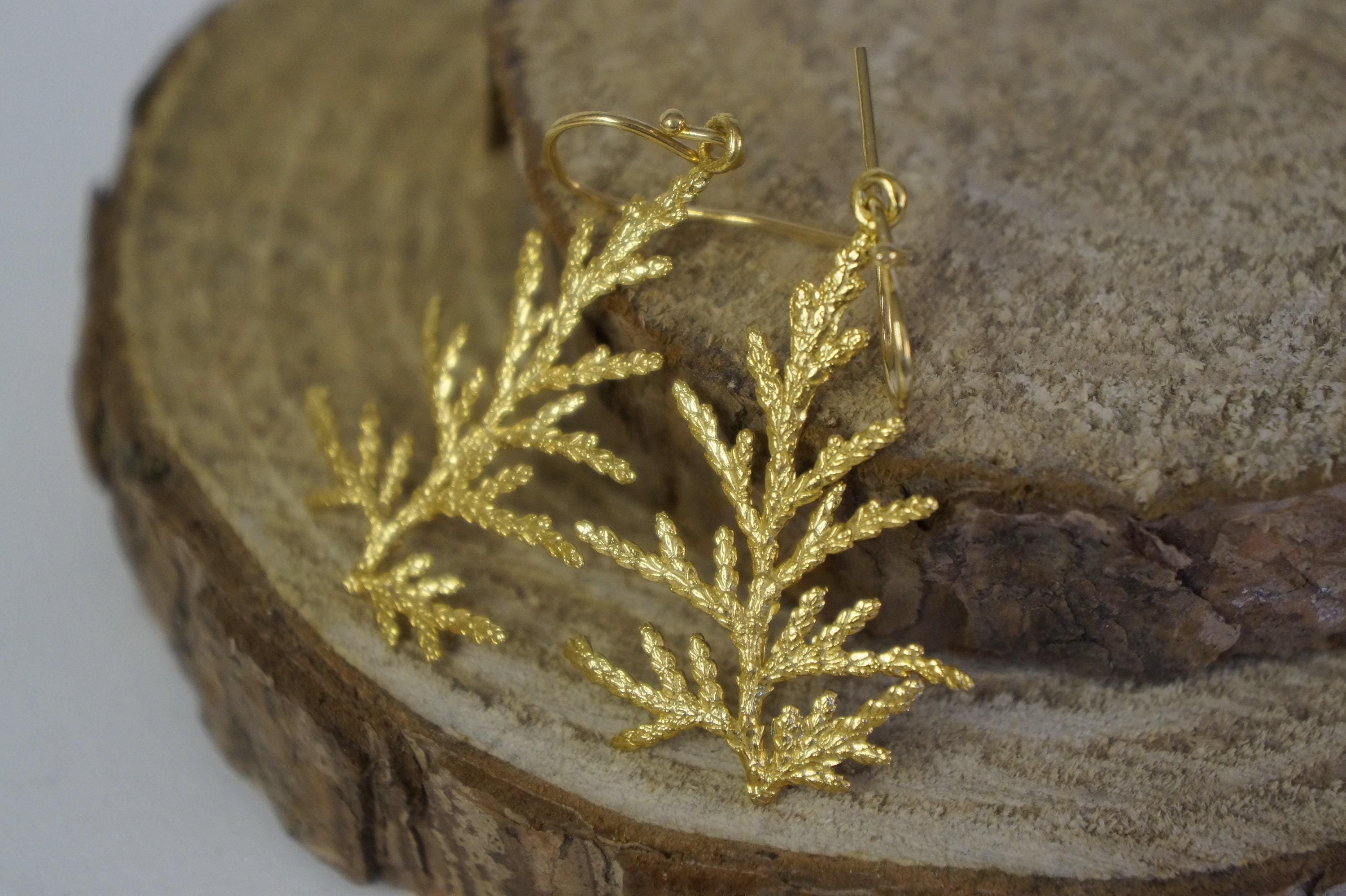 Cypress Leaf Earrings: Natural 14 k Gold Drop - Lightweight, Elegant Recycled Brass