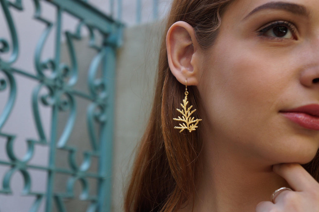 Cypress Leaf Earrings: Natural 14 k Gold Drop - Lightweight, Elegant Recycled Brass